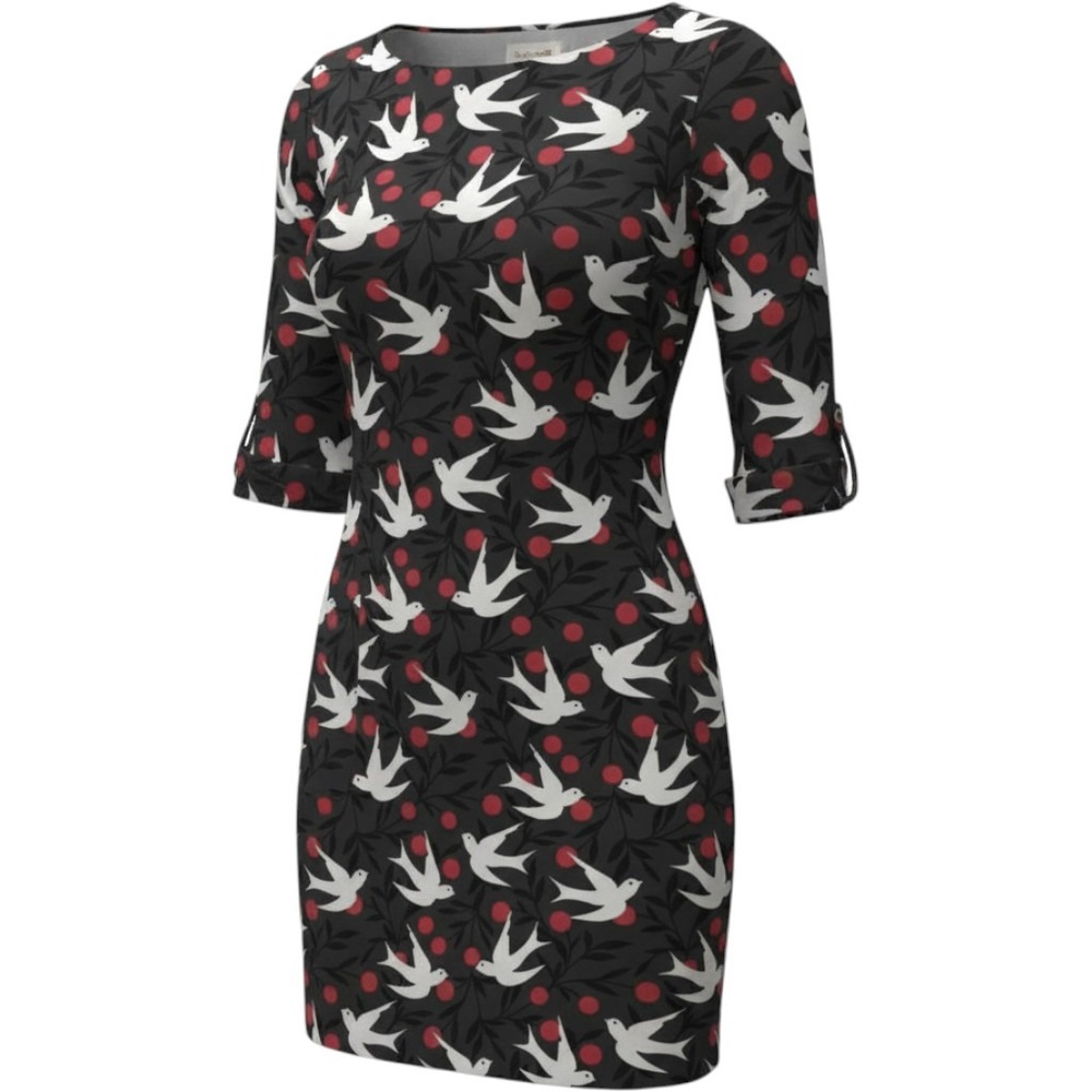 Boden Women Bird Berry Print Shift‎ Dress Black Red White 3/4 Sleeve US 4R W0019
